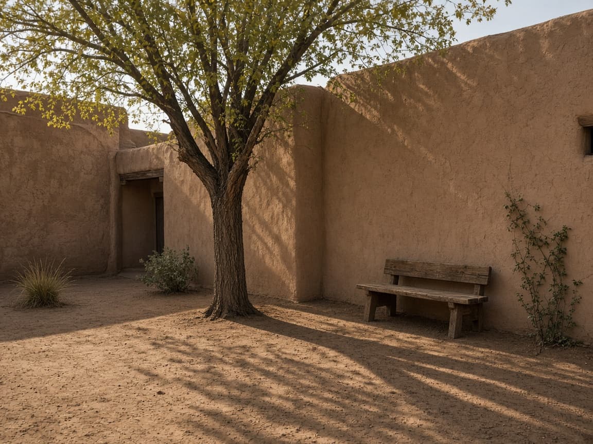 Courtyard with a tree and a bench